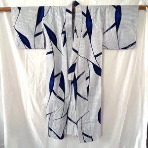 Vintage Japanese Yukata Kimono - Navy Blue Stripe and Brush Stroke Pattern